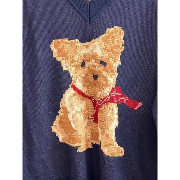 Jones New York Signature Dog Sweater Navy V Neck Knit Pullover Womens Med - Picture 2 of 7